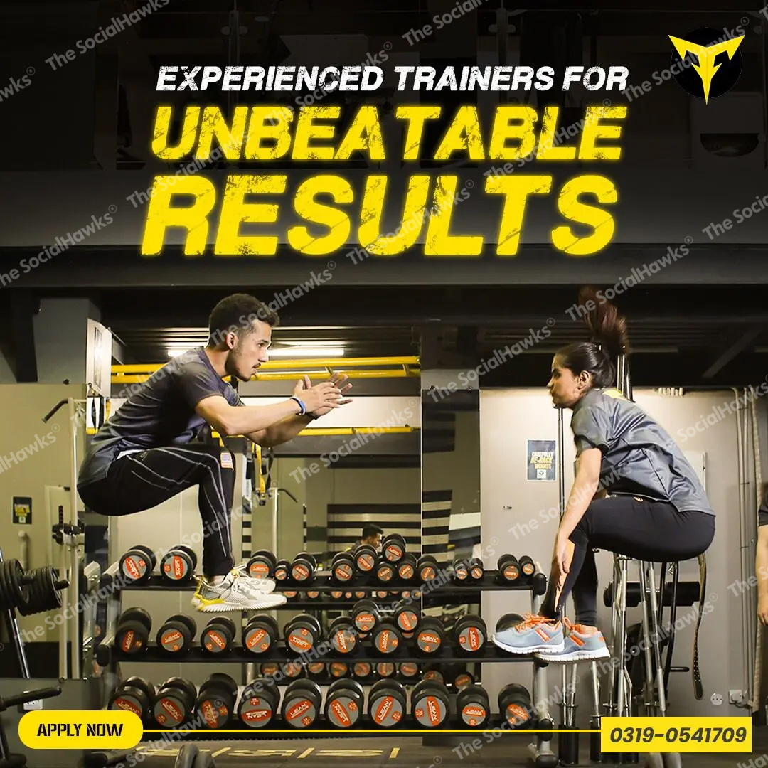 MFit experienced trainers ad showing trainer and client training with dumbbells in gym